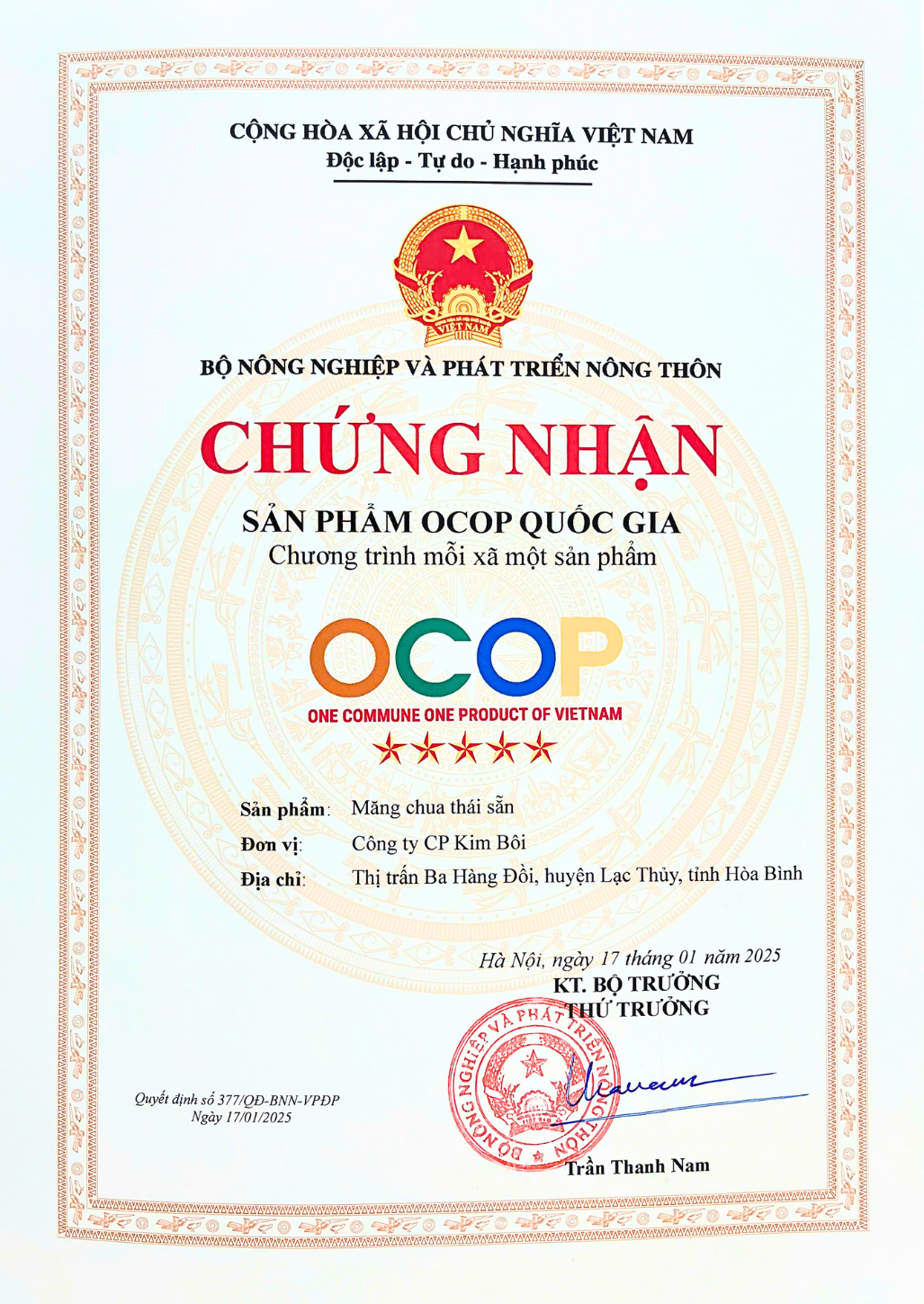 ocop 5 sao măng chua